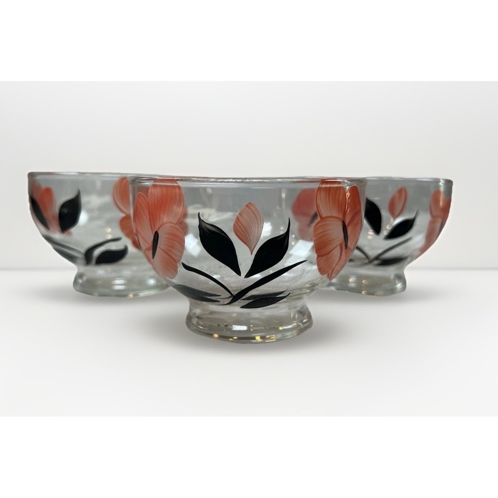 Glass Dessert Bowls Bartlett Collins Hand Painted Floral Pink Black Set 3